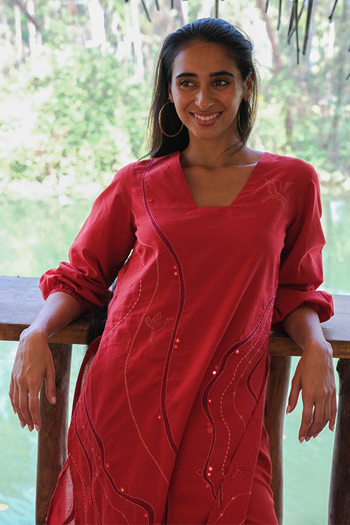 Buy OKHAI Women's Cotton Red Straight Kurta - 3/4 Sleeves - Boat Neck at  Amazon.in